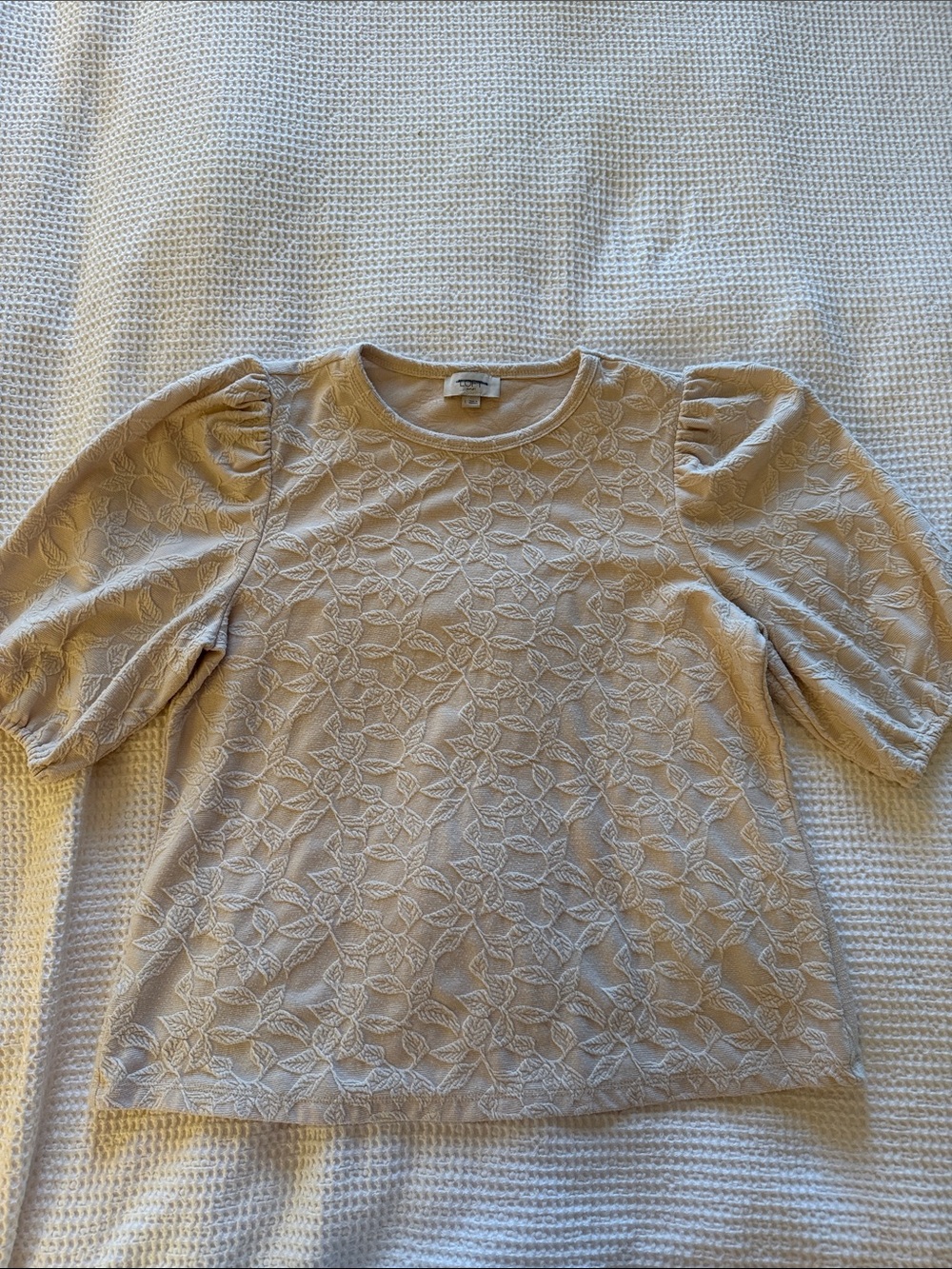 Loft Light Beige Puff Sleeve Jacquard Top size L